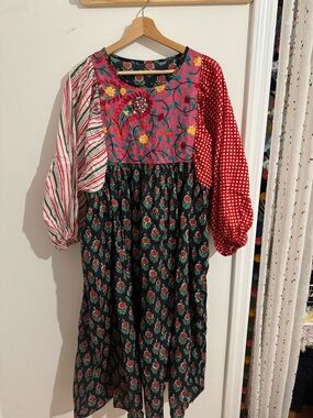 Mixed-Print Floral Puff-Sleeve Dress - Pink & Black